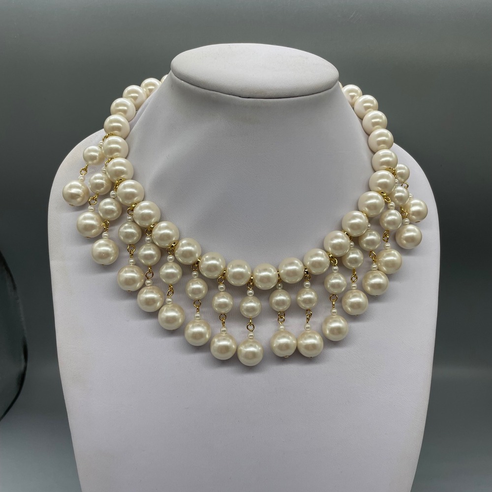 Vintage Faux Pearl Bib Necklace Gold Tone Multi Strand Statement Fringe